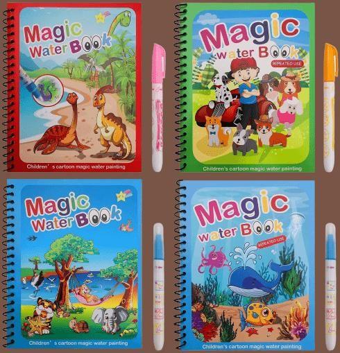 Reusable Magic Water Quick Dry Book Water `Coloring Book Doodle with Magic Pen Painting Board for Children Education Drawing Pad (Multi Color, 4 Books)