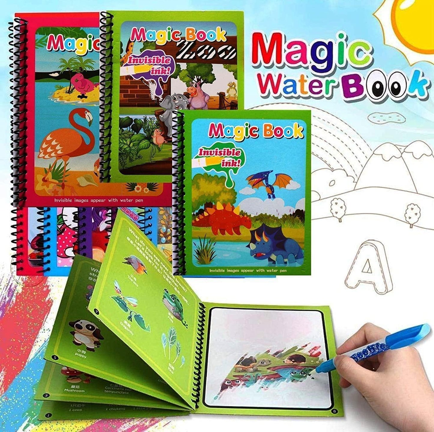 Reusable Magic Water Quick Dry Book Water `Coloring Book Doodle with Magic Pen Painting Board for Children Education Drawing Pad (Multi Color, 4 Books)